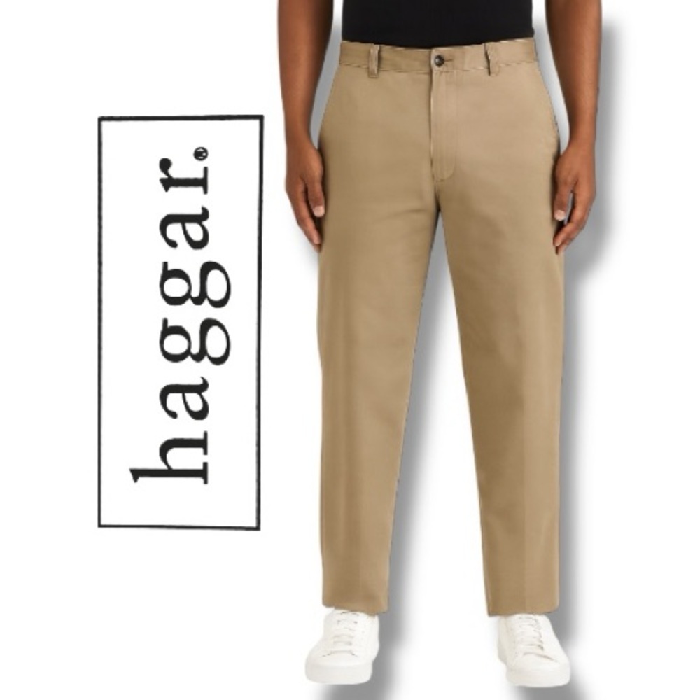 Mens Khaki Haggar Pants 100% Cotton Flat Front 32W X 32L